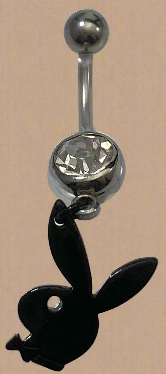 Playboy White Crystal with Black Bunny Charm Belly Ring Stainless Steel - COLO