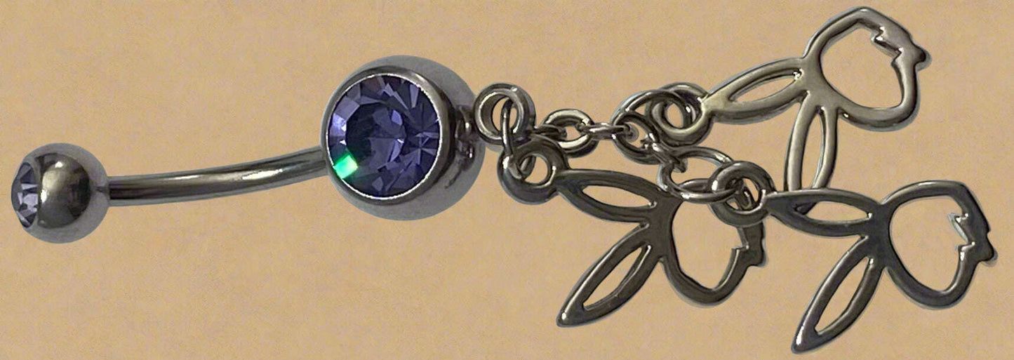 Playboy Tanzanite Crystal with Triple Cut-Out Bunny Heads Belly Ring Stainless Steel - COLO