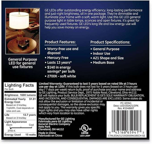 GE Lighting 65941 15 Watt E26 A21 Soft White LED Dimmable Light Bulb 2 Pack - COLO