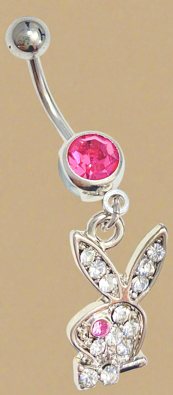 Playboy Pink & White Crystal Bunny Head Belly Ring Stainless Steel - COLO