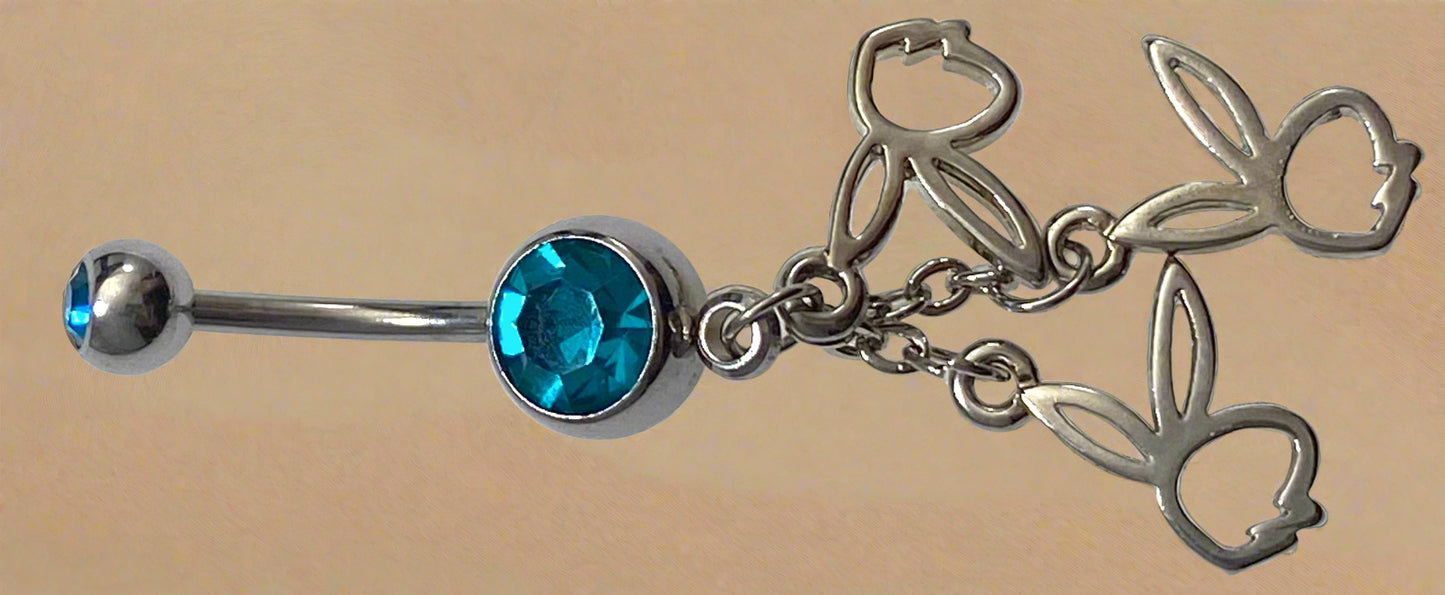 Playboy Aqua Crystal with Triple Cut-Out Bunny Heads Belly Ring Stainless Steel