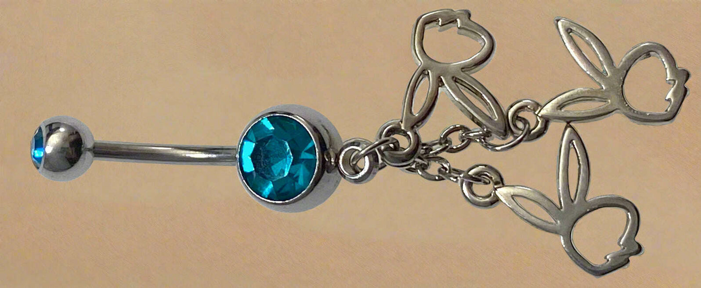 Playboy Aqua Crystal with Triple Cut-Out Bunny Heads Belly Ring Stainless Steel - COLO