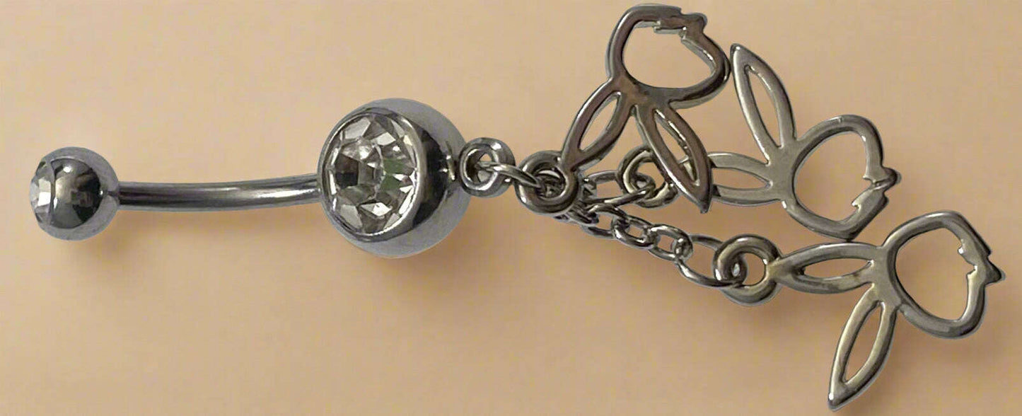 Playboy White Crystal with Triple Cut-Out Bunny Heads Belly Ring Stainless Steel - COLO