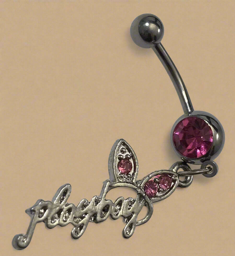 Playboy Pink Crystal with Bunny Ears Logo Belly Ring Stainless Steel - COLO