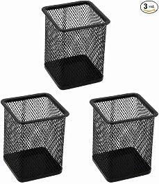 3-Pack Black Metal Mesh Pen Holders – Square Pencil Cups