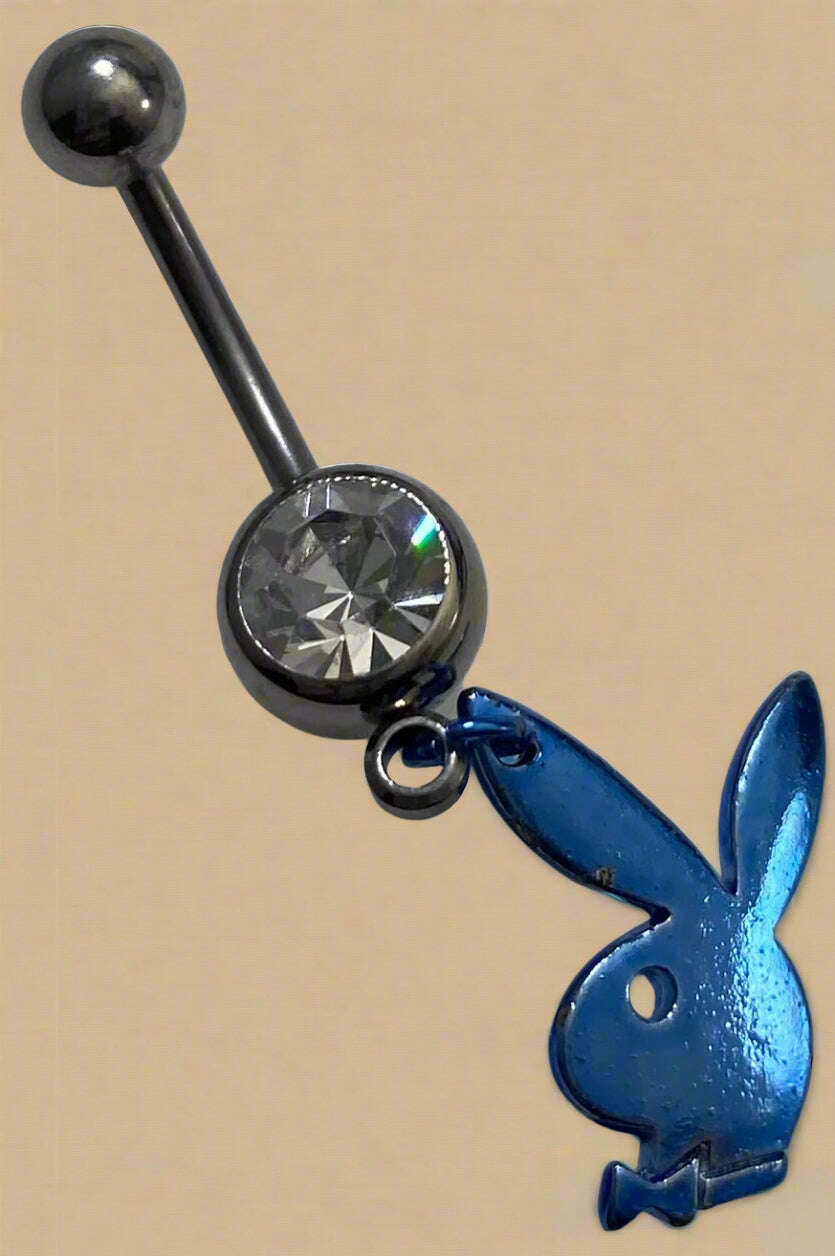 Playboy White Crystal with Blue Bunny Head Belly Ring Stainless Steel - COLO