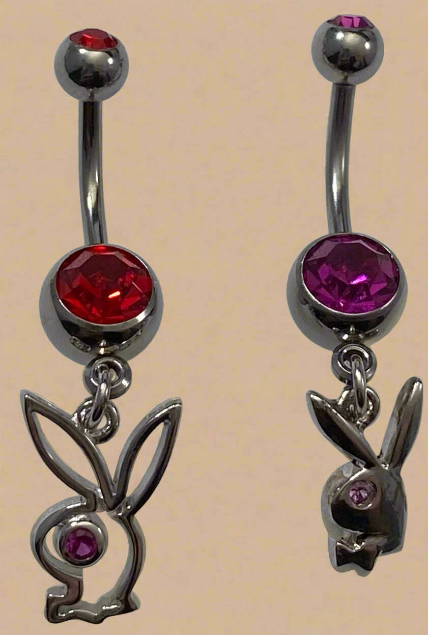 Playboy Red Crystal Cut-Out Bunny & Purple Crystal Solid Bunny Head Belly Ring Set Stainless Steel - COLO