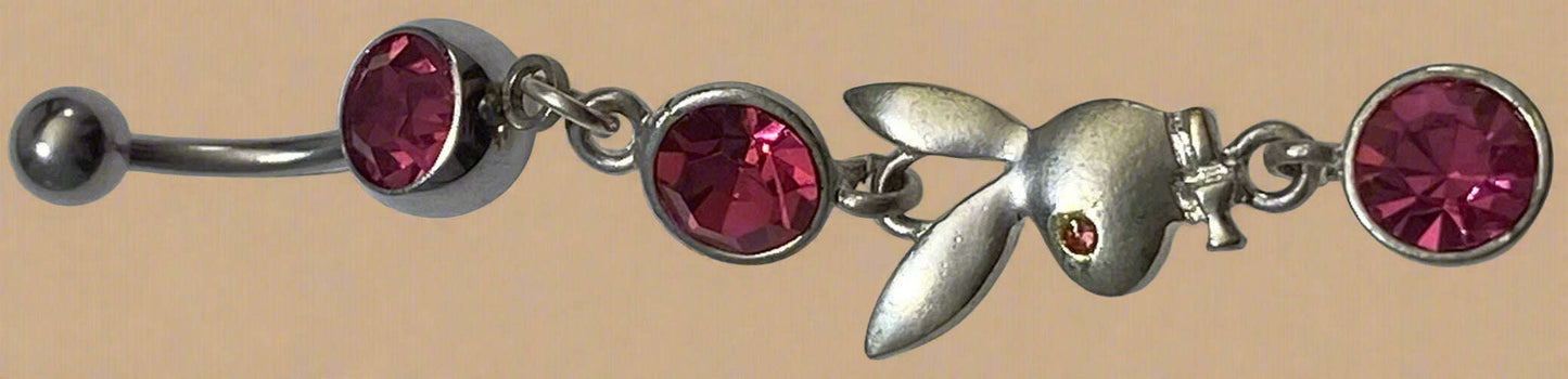 Playboy Triple Pink Crystal with Solid Bunny Head Belly Ring Stainless Steel - COLO