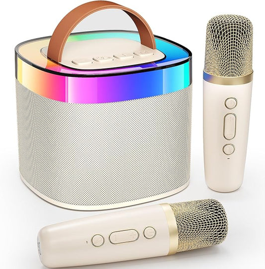 Karaoke Machine for Adults Kids, Portable Bluetooth Karaoke Speaker with 2 Wireless Microphones (WHITE W/BLACK MICS TOPS)