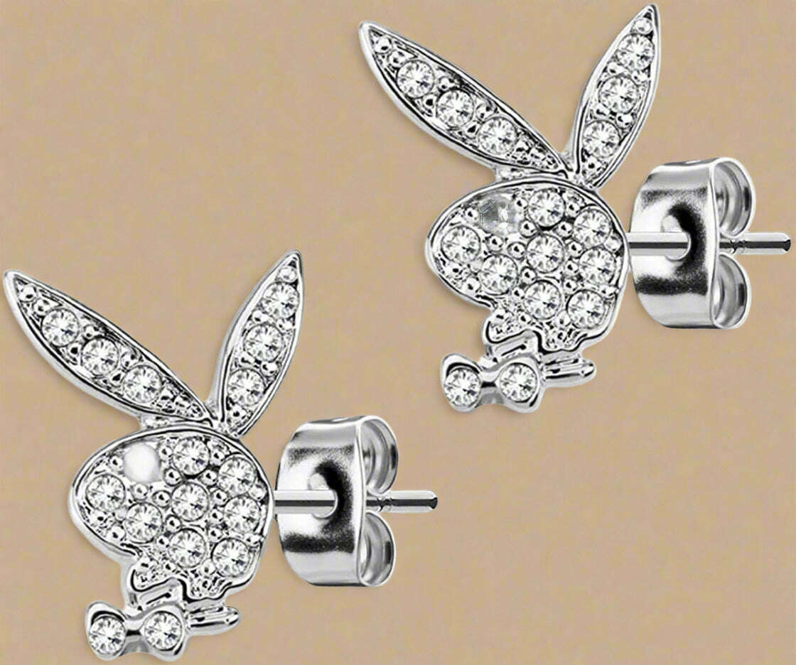 Playboy Crystal Bunny Stud Earrings – White Pavé on Stainless Steel - COLO