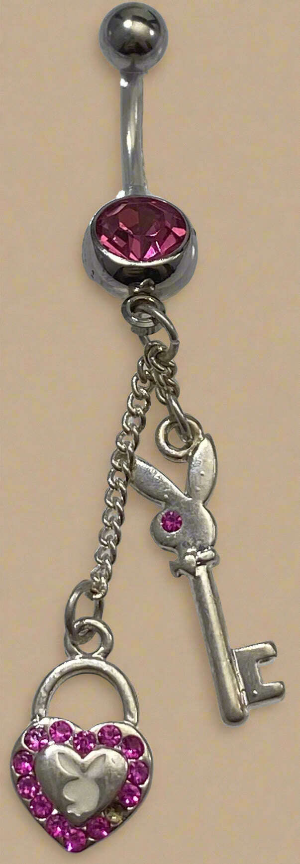 Playboy Pink Crystal Heart & Key Dangle Belly Ring Stainless Steel - COLO