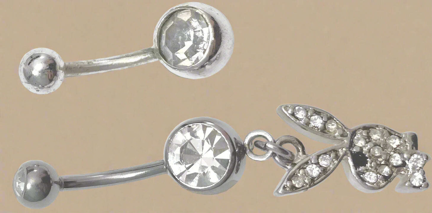 Playboy White Crystal Belly Ring Set – Bunny Head & Plain Crystal Stainless Steel - COLO