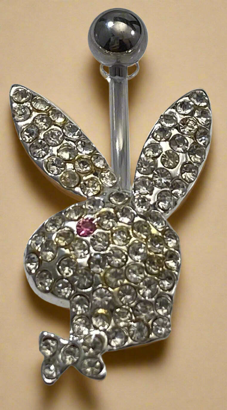 Playboy White Crystal Bunny Head with Pink Eye Belly Ring Stainless Steel - COLO