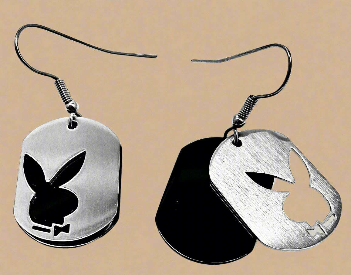 Playboy Double Dog Tag Earrings – Small Stainless Steel with Bunny Cutouts - COLO