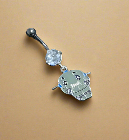 HUA Q Belly Ring – Stainless Steel Dangle with CZ Gem & Robot Charm