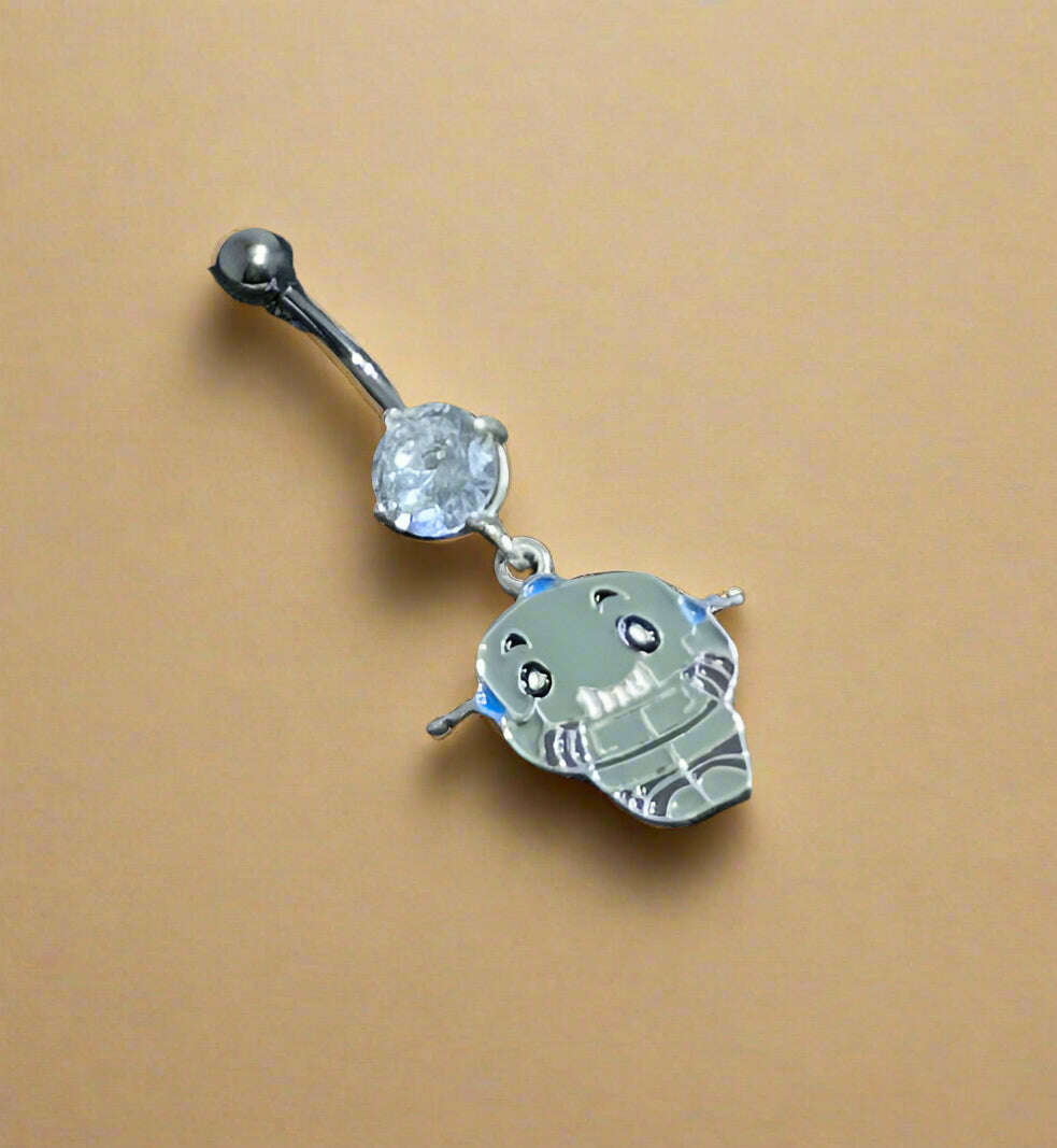 HUA Q Belly Ring – Stainless Steel Dangle with CZ Gem & Robot Charm - COLO
