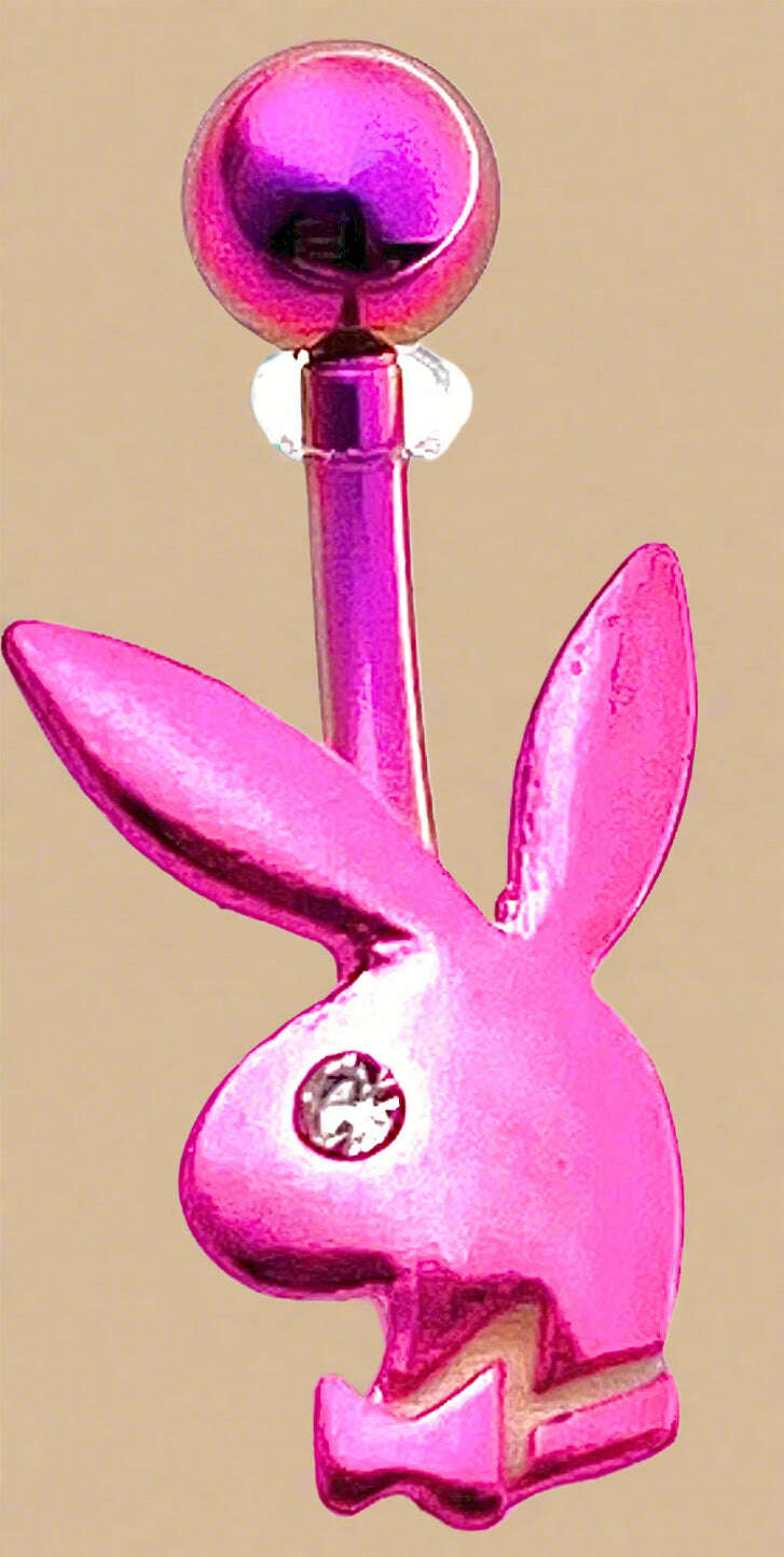 Playboy Pink Bunny Head with White Crystal Eye Belly Ring Stainless Steel - COLO