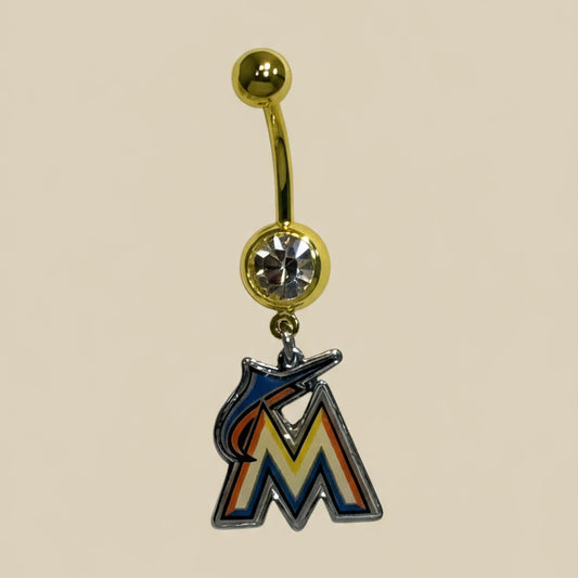 MLB Miami Marlins Yellow Anodized Belly Ring with Clear Gem