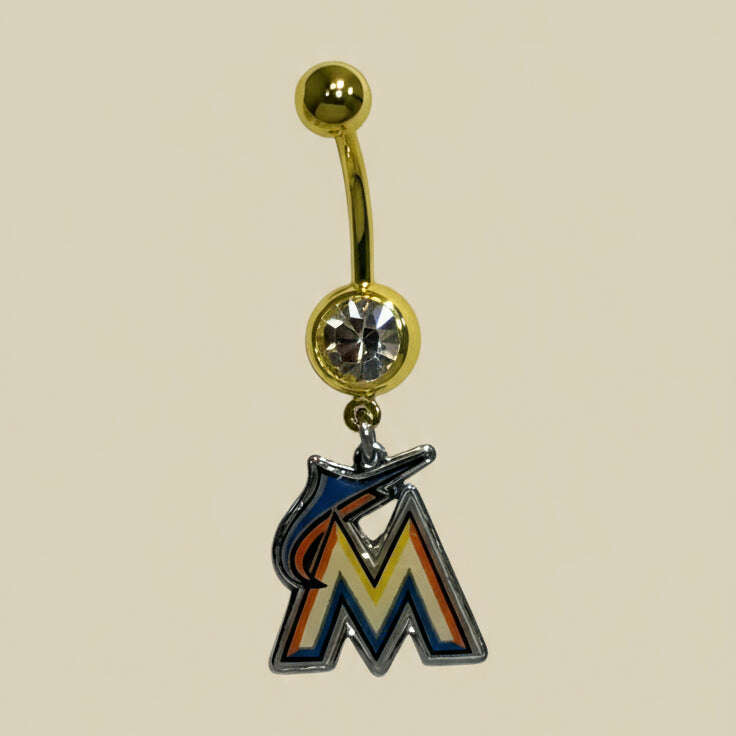 MLB Miami Marlins Yellow Anodized Belly Ring with Clear Gem - COLO