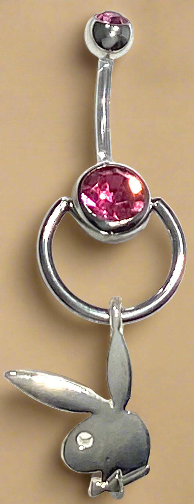 Playboy Pink Crystal Circle Bunny Head with White Eye Belly Ring Stainless Steel - COLO