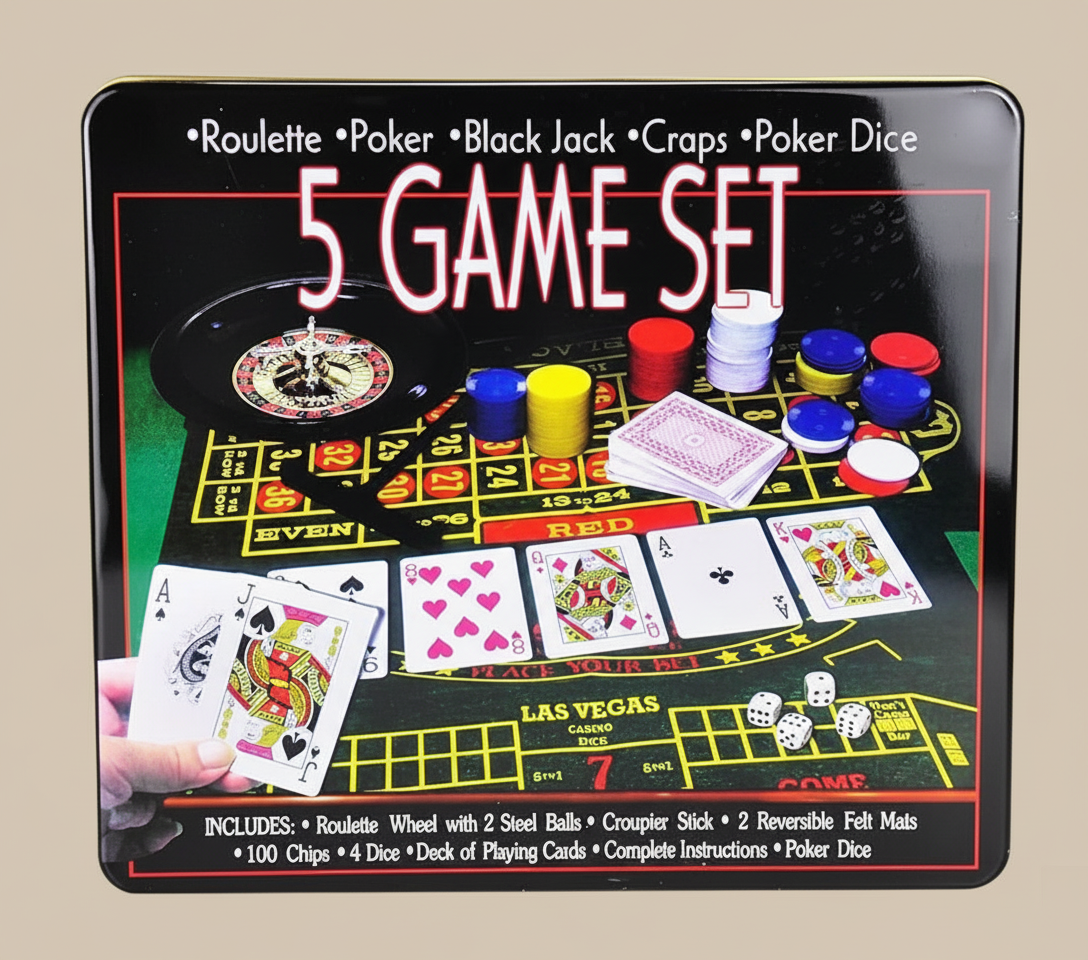 Lifestyle-You 5-in-1 Casino Game Set – Roulette, Poker Chips, Blackjack, Craps & Poker Dice - COLO