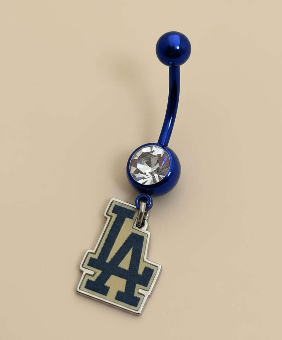 Licensed MLB Clear Gem Blue Anodized LA Dodgers Dangle Belly Ring - COLO