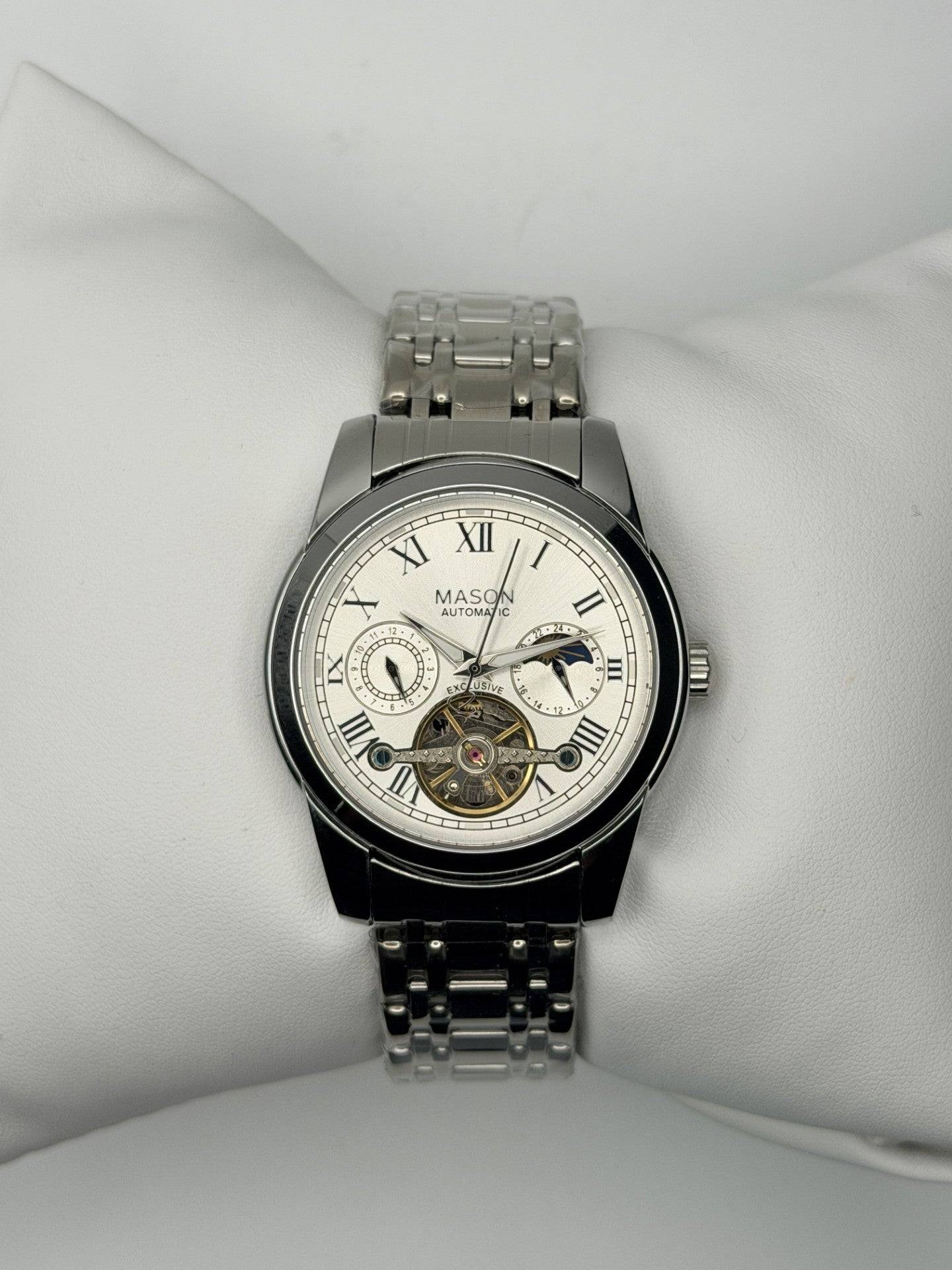 Timeless Architecture & Monochromatic Opulence: Mason Stainless Steel Crystal-Accented Roman Numeral Automatic Watch (5 ATM)