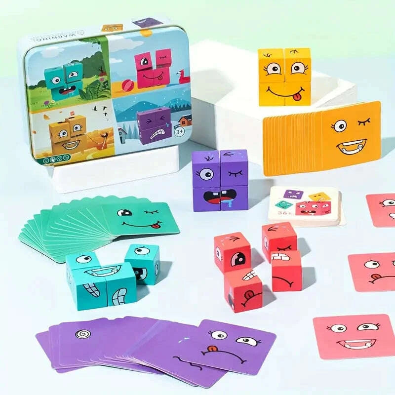 Interactive Wooden Expression Puzzle Blocks - Colorful Face Matching Game - COLO