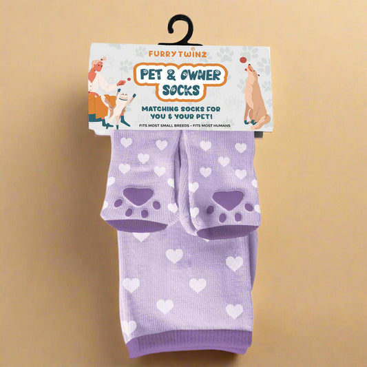 Purple Hearts Pet & Owner Matching Socks – Cozy Non-Slip Gripper Set