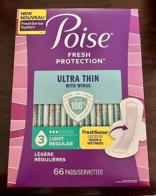 Poise Ultra Thin Incontinence Pads w/Wings, Light, 66 CtBox. 3 Drop Regular Len
