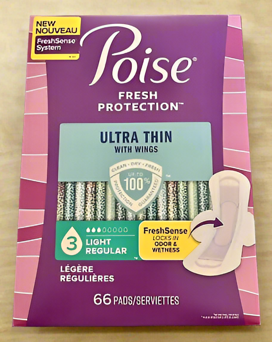 Poise Ultra Thin Incontinence Pads w/Wings, Light, 66 CtBox. 3 Drop Regular Len