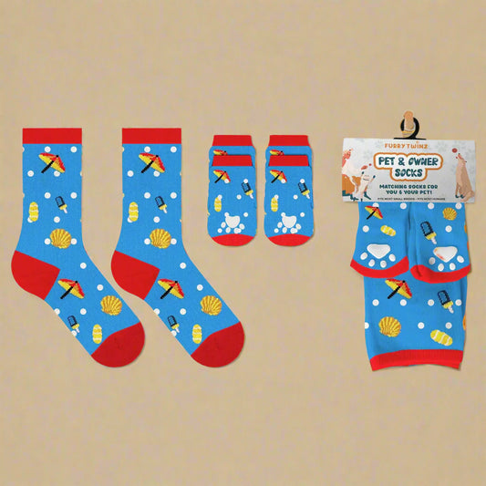 Blue Beach Matching Pet & Owner Socks – Non-Slip Gripper Socks Set
