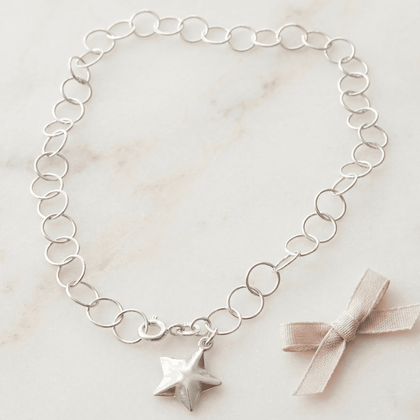 ANKLE BRACELET Star W/OPEN CIRCLE CHAIN BRACELET 10" w/lobster RING LOCK