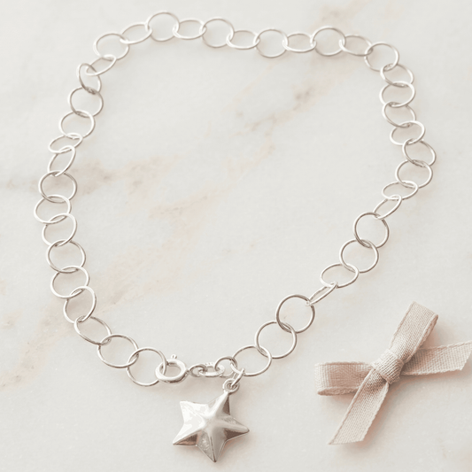 ANKLE BRACELET Star W/OPEN CIRCLE CHAIN BRACELET 10" w/lobster RING LOCK