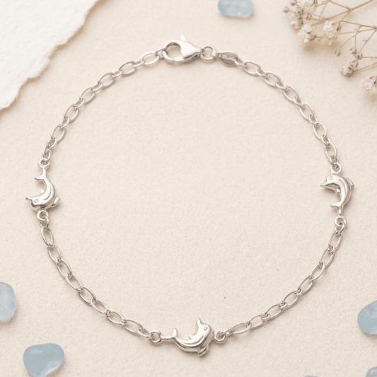 ANKLE BRACELET HIGH POLISH DOLPHINES PENDANT 10" w/LOBSTER LOCK