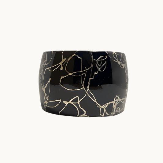 Wide Black Bracelet with Silver Abstract Streaks - COLO