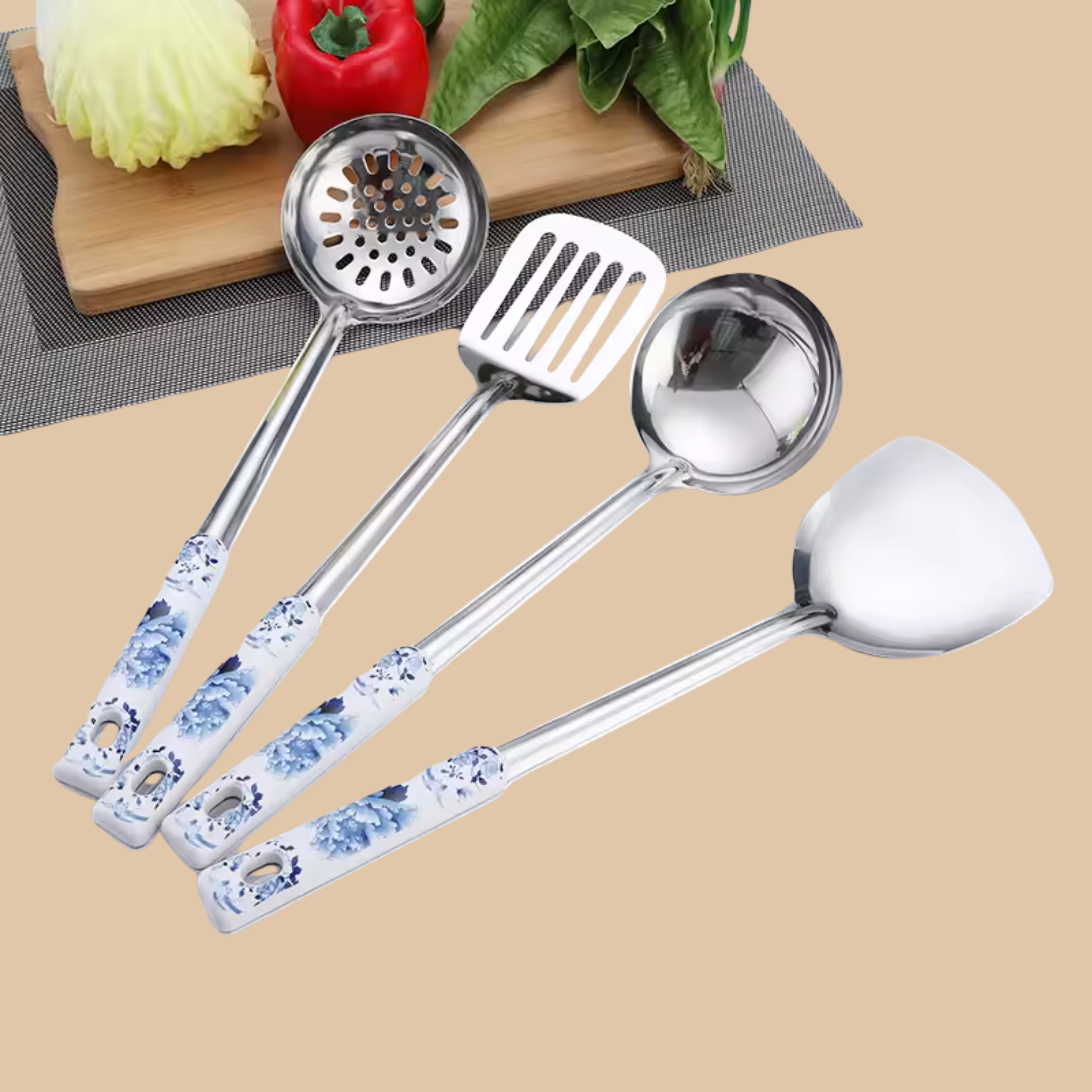 Porcelain Kitchen Utensils Set Blue White Floral 7pcs