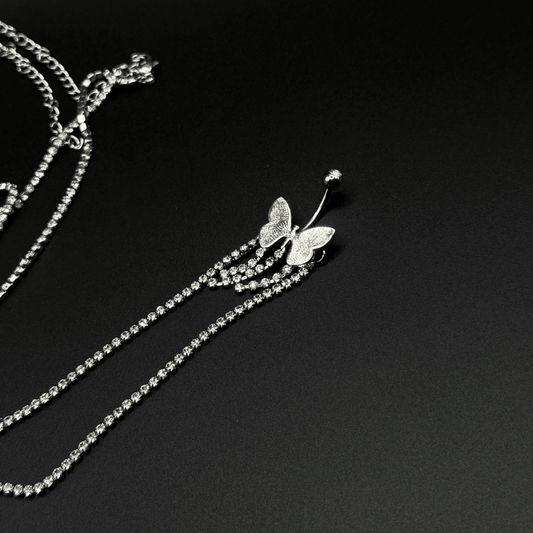 Silver Butterfly Belly Button Ring with Stones & Chain - COLO