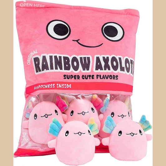 Zippered Rainbow Axolotl Plush Pillow with Mini Axolotls