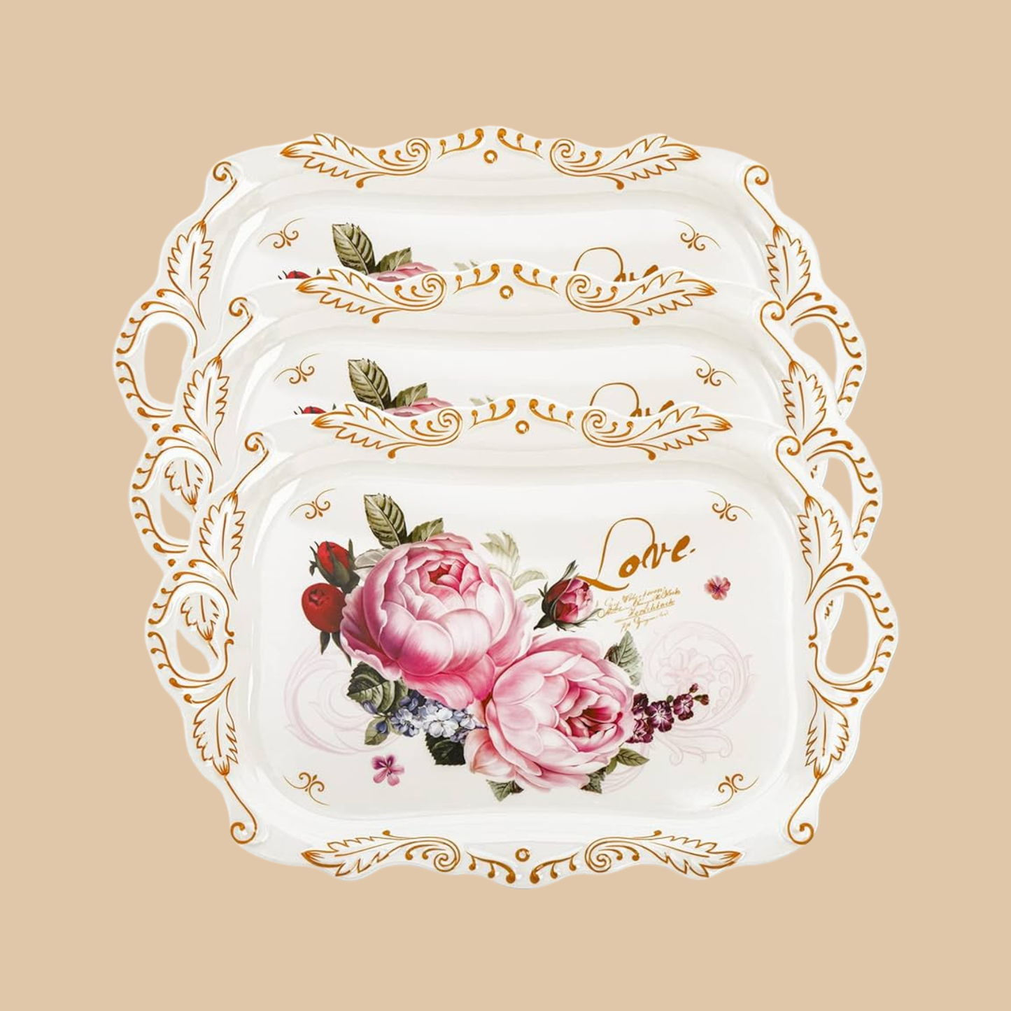4 Set Stackable Melamine Serving Tray - Rose Floral Print