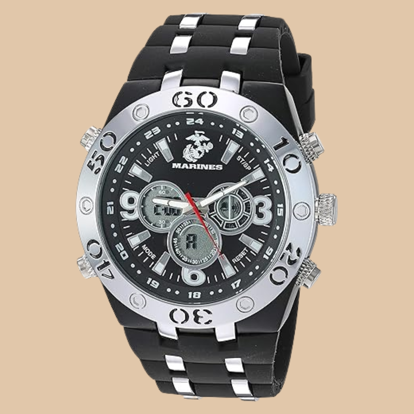 Sports Watch with Black Silicone Strap, Analog-Digital Dial, Metallic Bezel, MARINES Logo