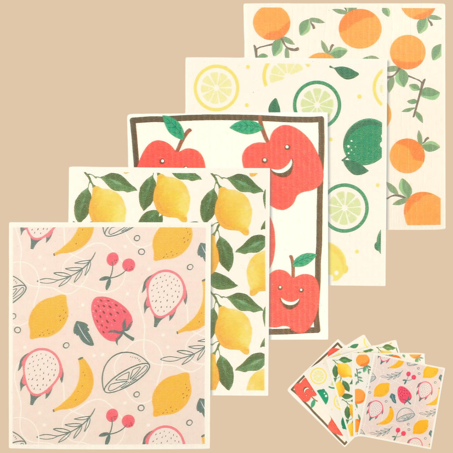 5Pcs Kitchen Dishcloths Microfiber Swedish Fruit Print