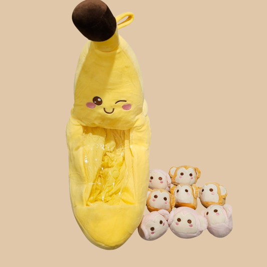 Banana Plush Pillow with 8 Puppy Dolls – Zippered Removable Set (24" x 18")