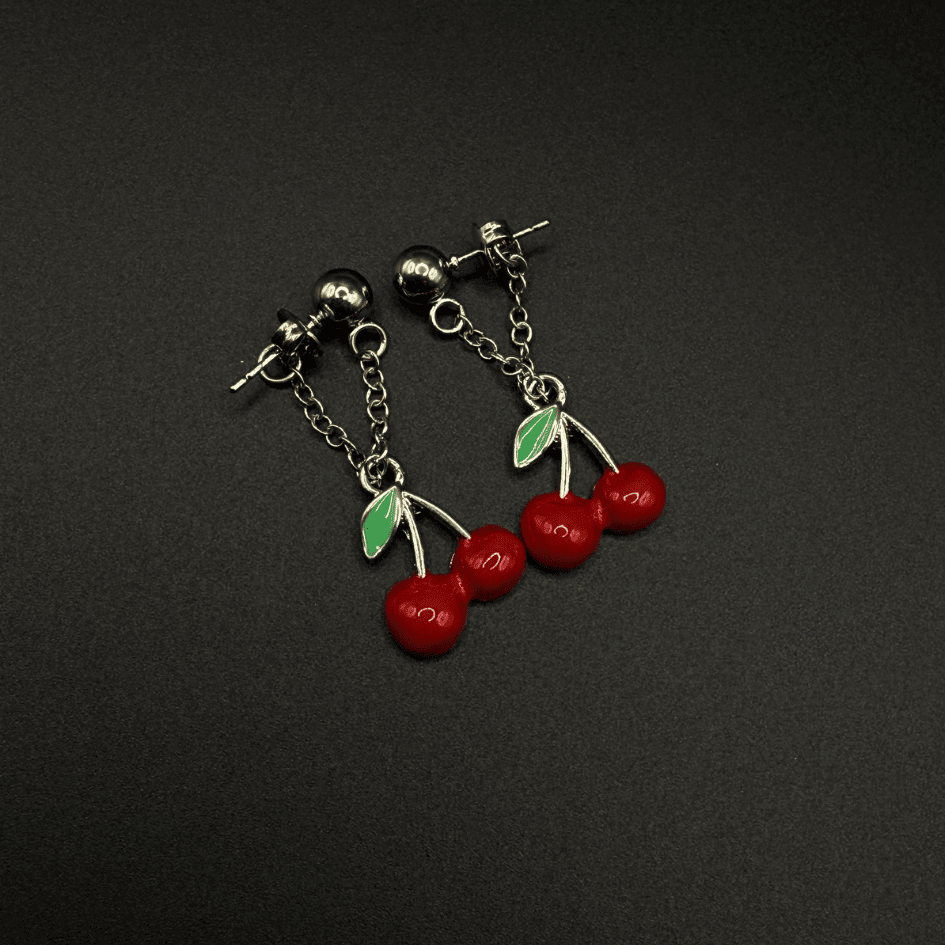 Silver & Red Cherry Stainless Steel Earrings for Girls - COLO