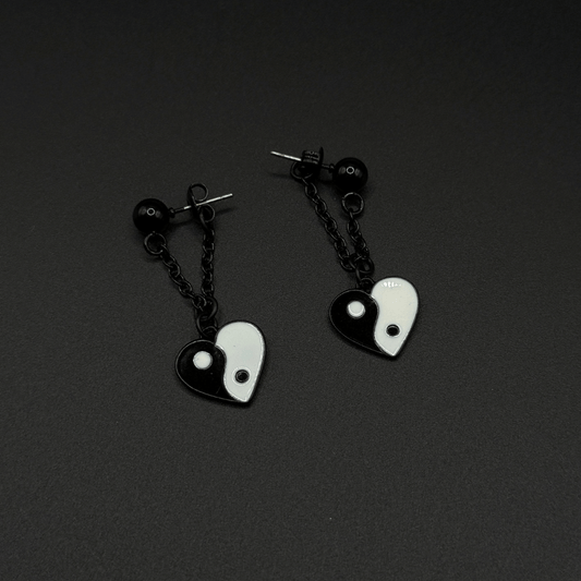 Black & White Yin Yang Heart Stainless Steel Earrings