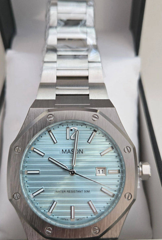 Mason Men’s Stainless Steel Automatic Watch – Lite Blue Dial & Stainless Steel Band