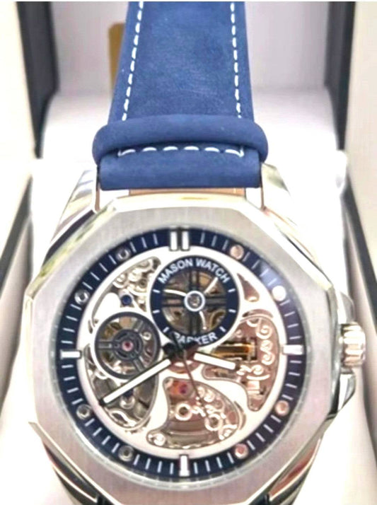 Mason Men’s Stainless Steel Automatic Watch – Blue & White Dial & Blue Suede leather Band
