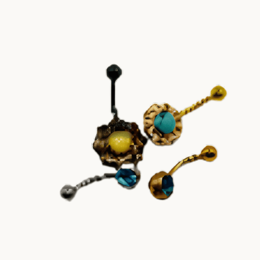 4-Piece Belly Button Rings – Gold & Turquoise Flower - COLO