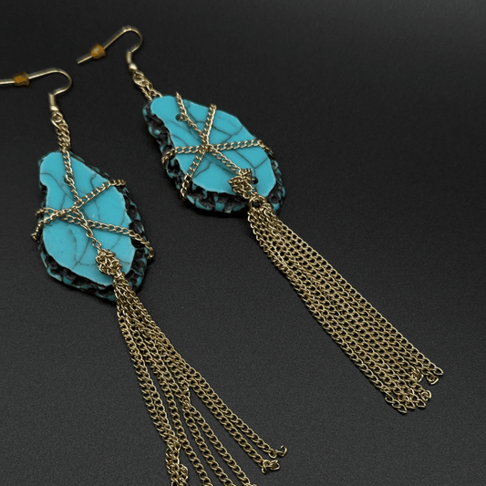Turquoise Disc Earrings with Gem & Chain Charms