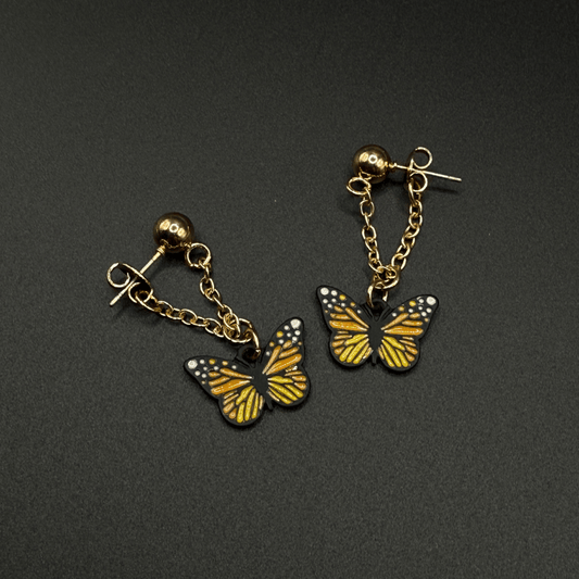 Gold & Black Butterfly Earrings with Stones & Chain
